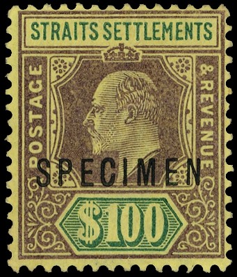 1903 $100 purple and green on yellow paper, watermark Crown CA, overprinted SPECIMEN Type D12, fresh unmounted o.g.;...