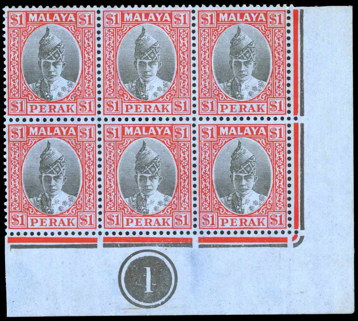 Malaya Perak SG 119 1938 $1 Plate block of six mint