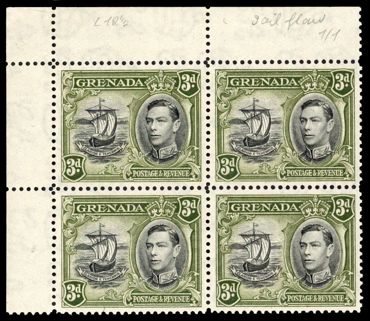 Grenada SG 158bb 1950 3d R1/1 line on sail block mint