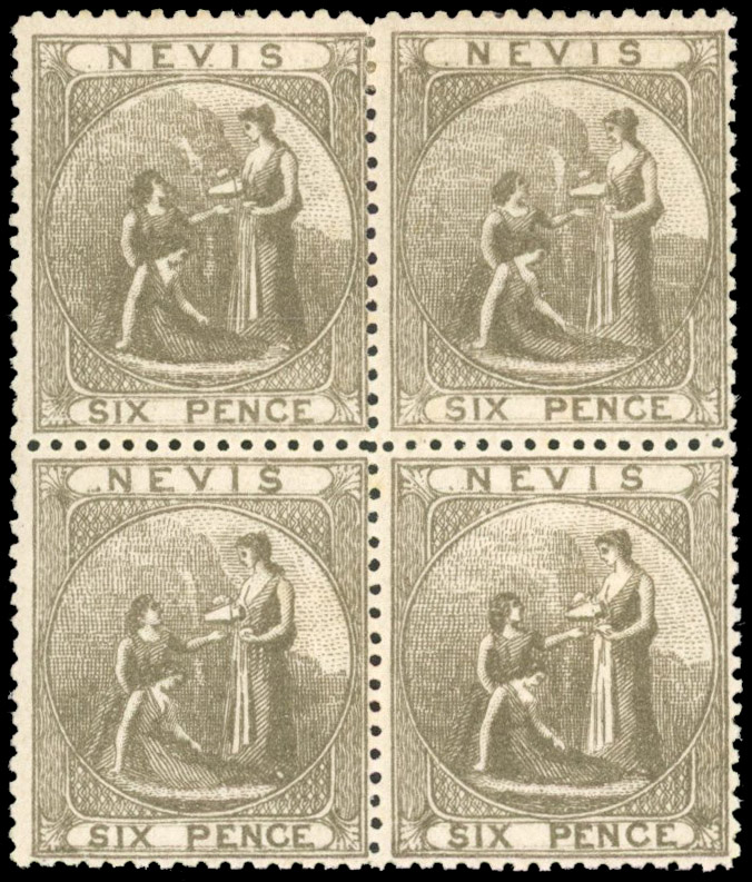 Nevis SG 19 1878 6d grey block mint