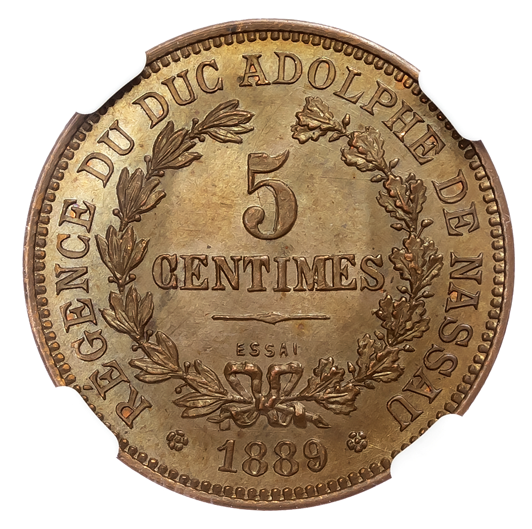 Luxembourg. Adolphus CU ESSAI 5 Centimes. 1889.
