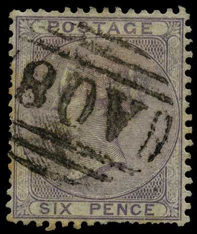 GB USED ABROAD: 1856 6d lilac with "A08"...