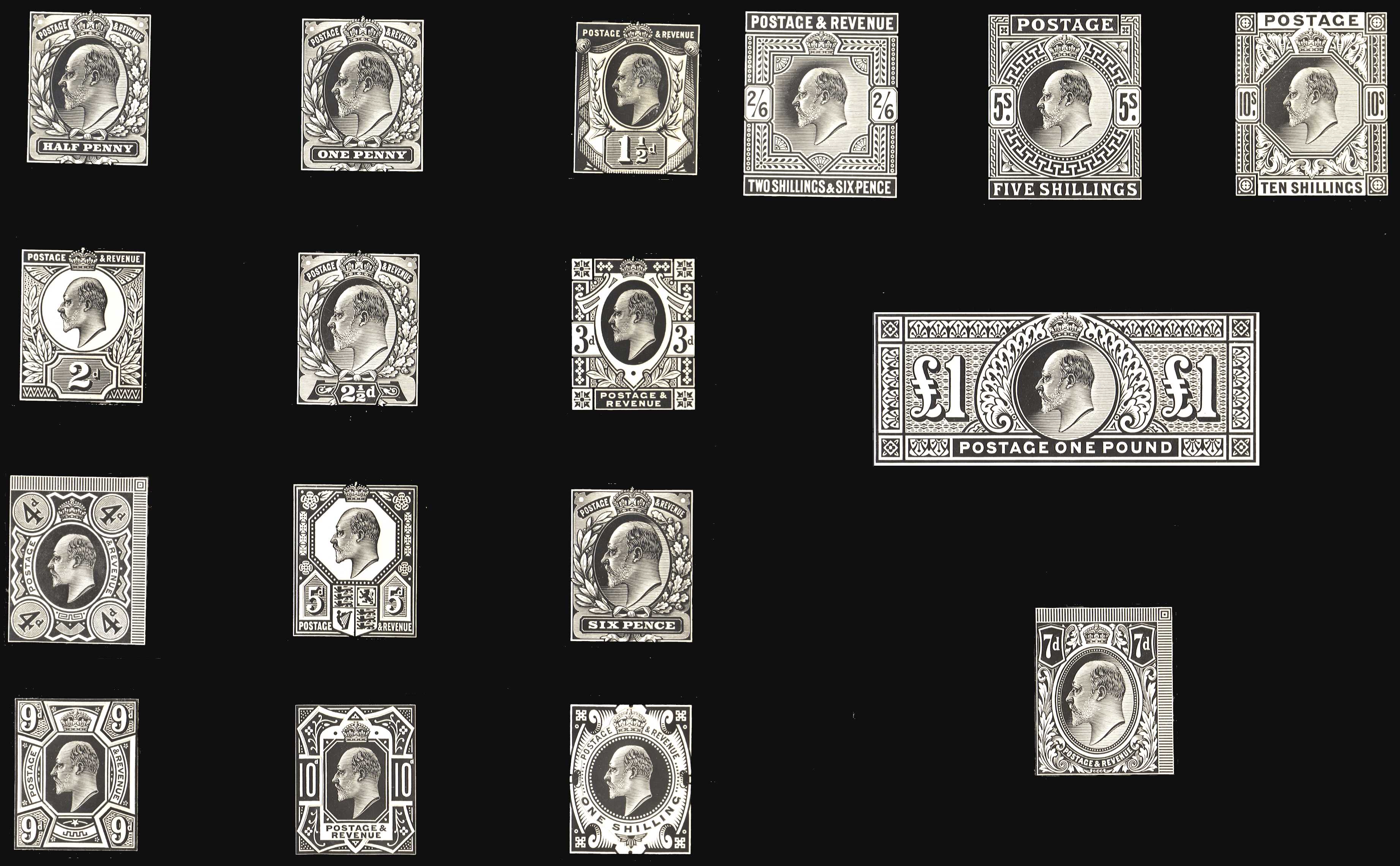 1902-10 ½d to £1 Bromide die proofs. Very fine set of seventeen proofs as per the issued designs, the bi-coloured designs...