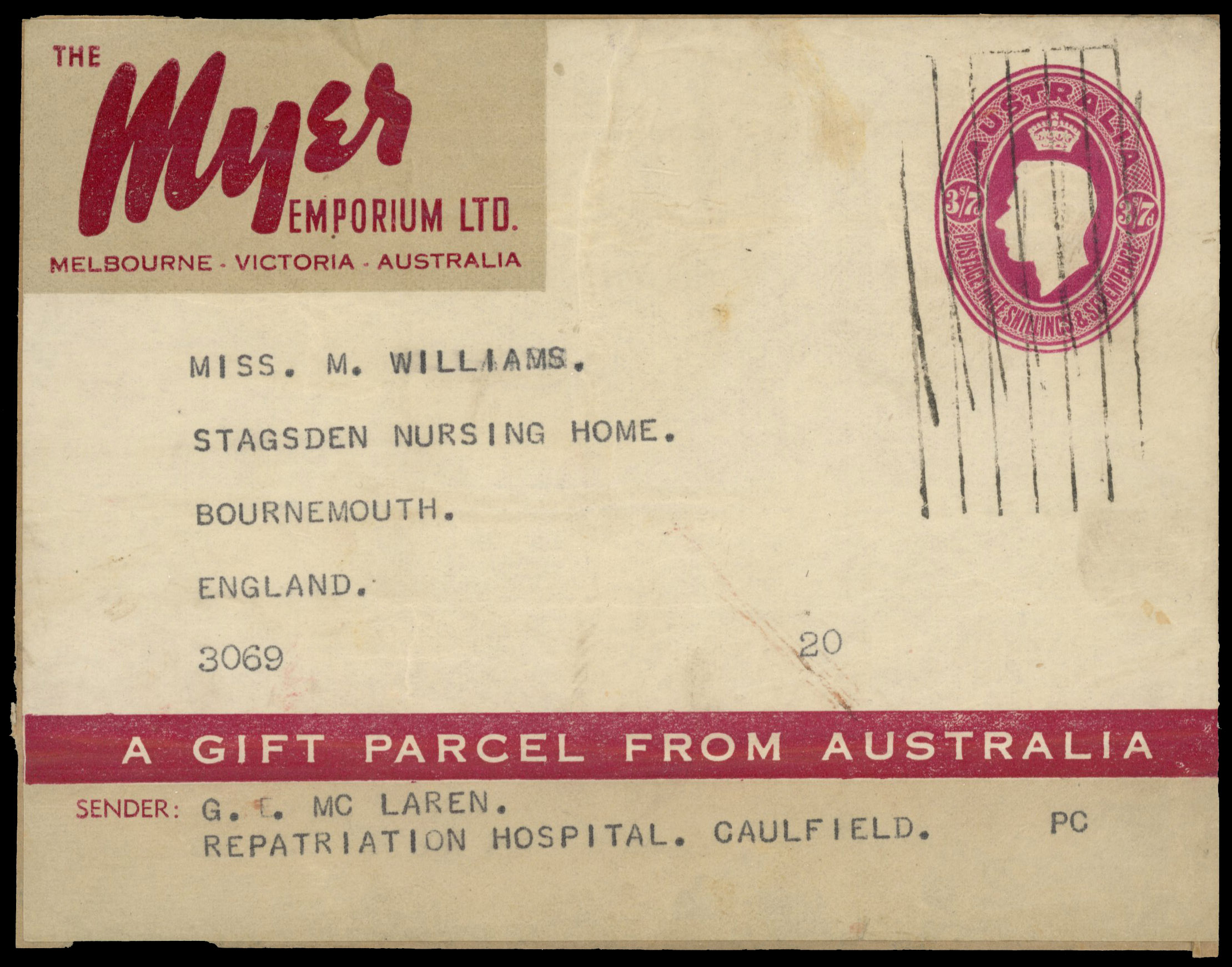 Australia 1946 Myer 3/7d Food Parcel label used