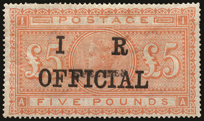 SG133var 1882 £5 Orange (I.R. Official, blued paper).