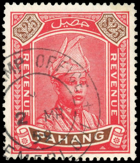 Pahang Revenues 1950 $25 red and brown used