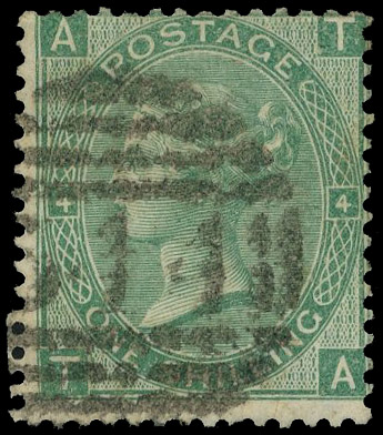 1865 1s Green Pl.4 (Wmk. Emblems). Good used example lettered TA showing error of watermark W20a ‘Three roses and a sham…