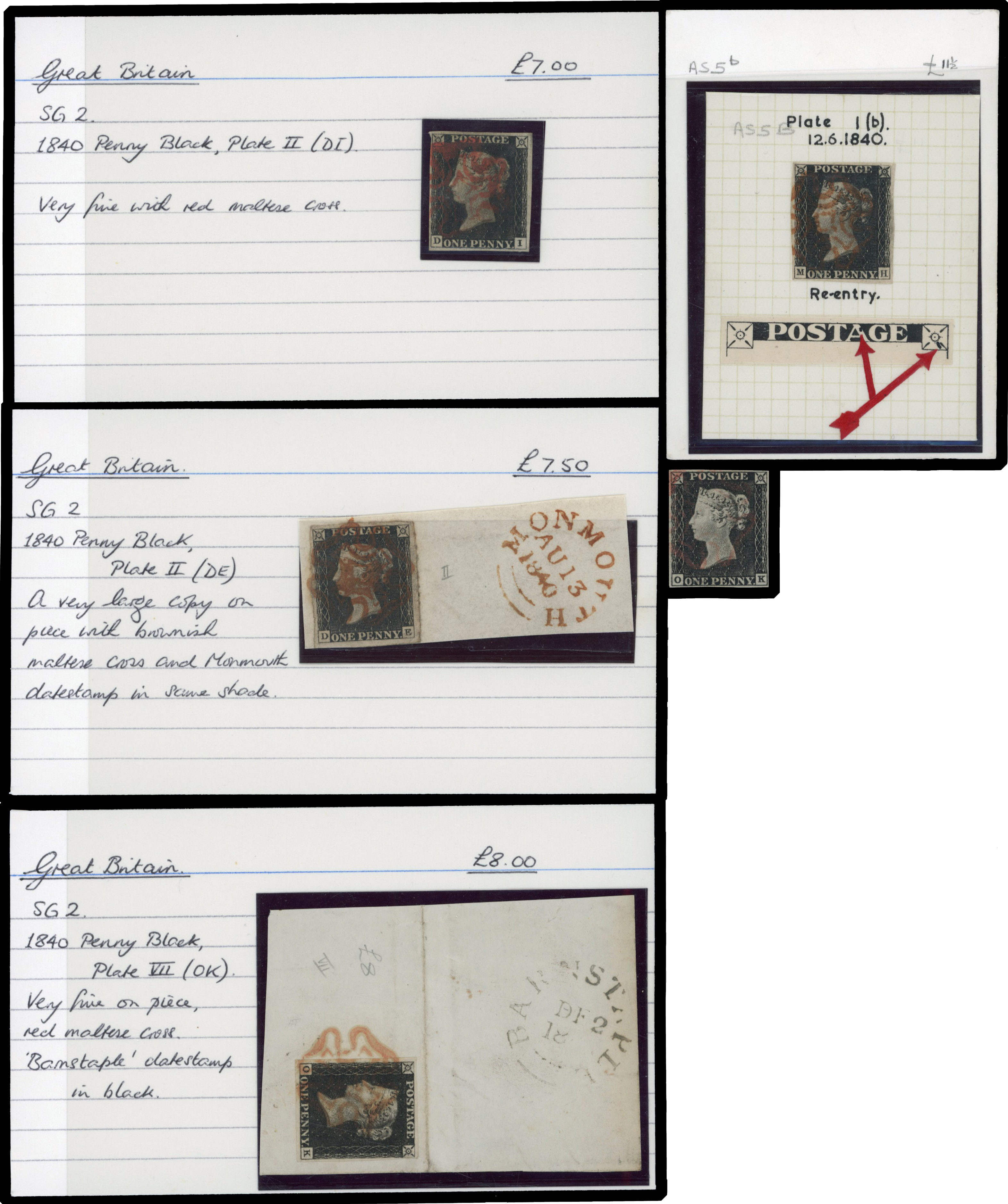 1840 1d black used selection, all with four margins and red Maltese Cross