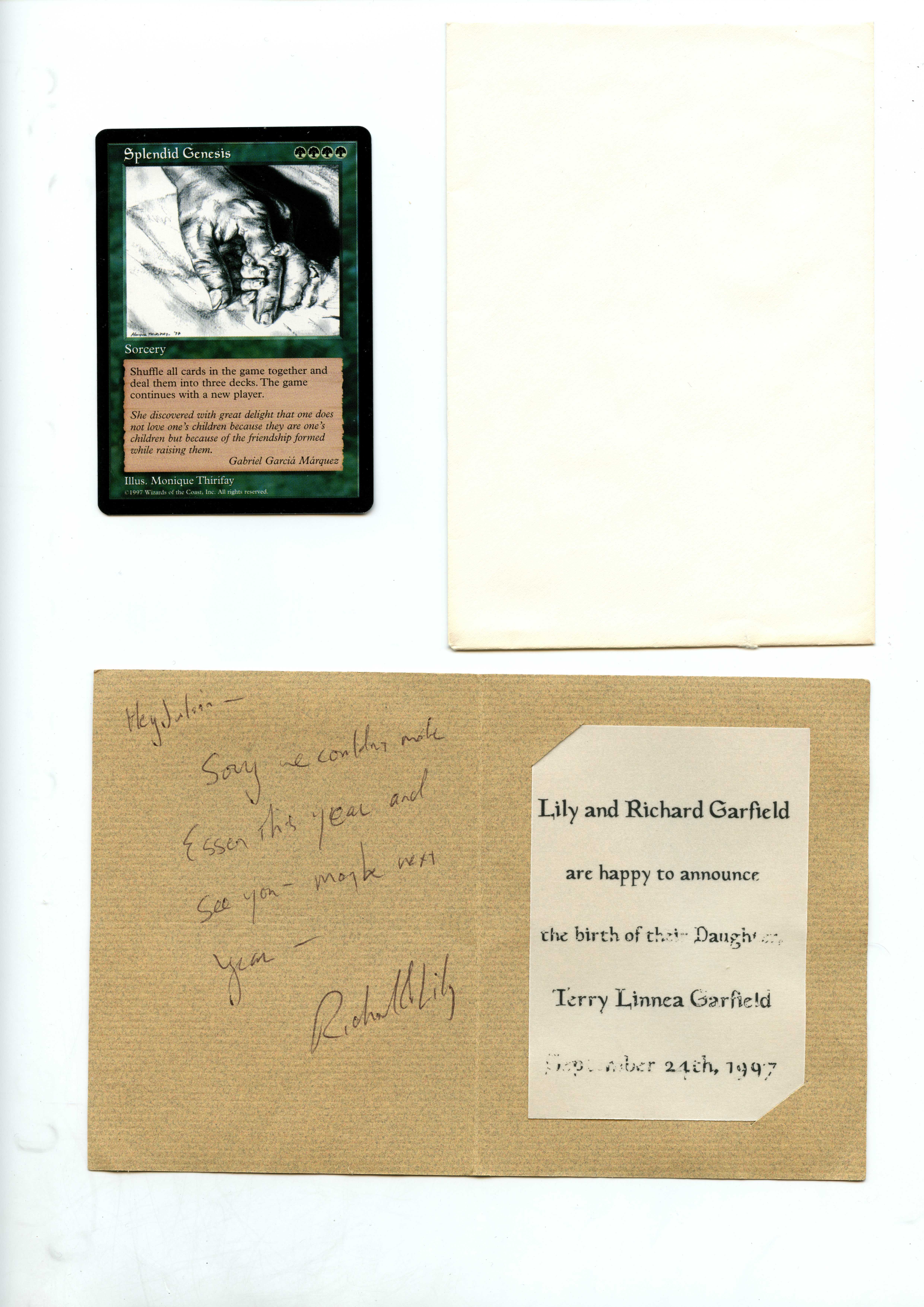 Magic the Gathering - Splendid Genesis - Promo - Moderately Played + Signed letter from Magic Creator Richard Garfield.
