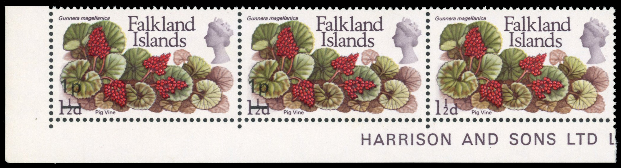Falkland Islands SG 264d 1971 1p on 1½d albino surcharge in pair with normal mint