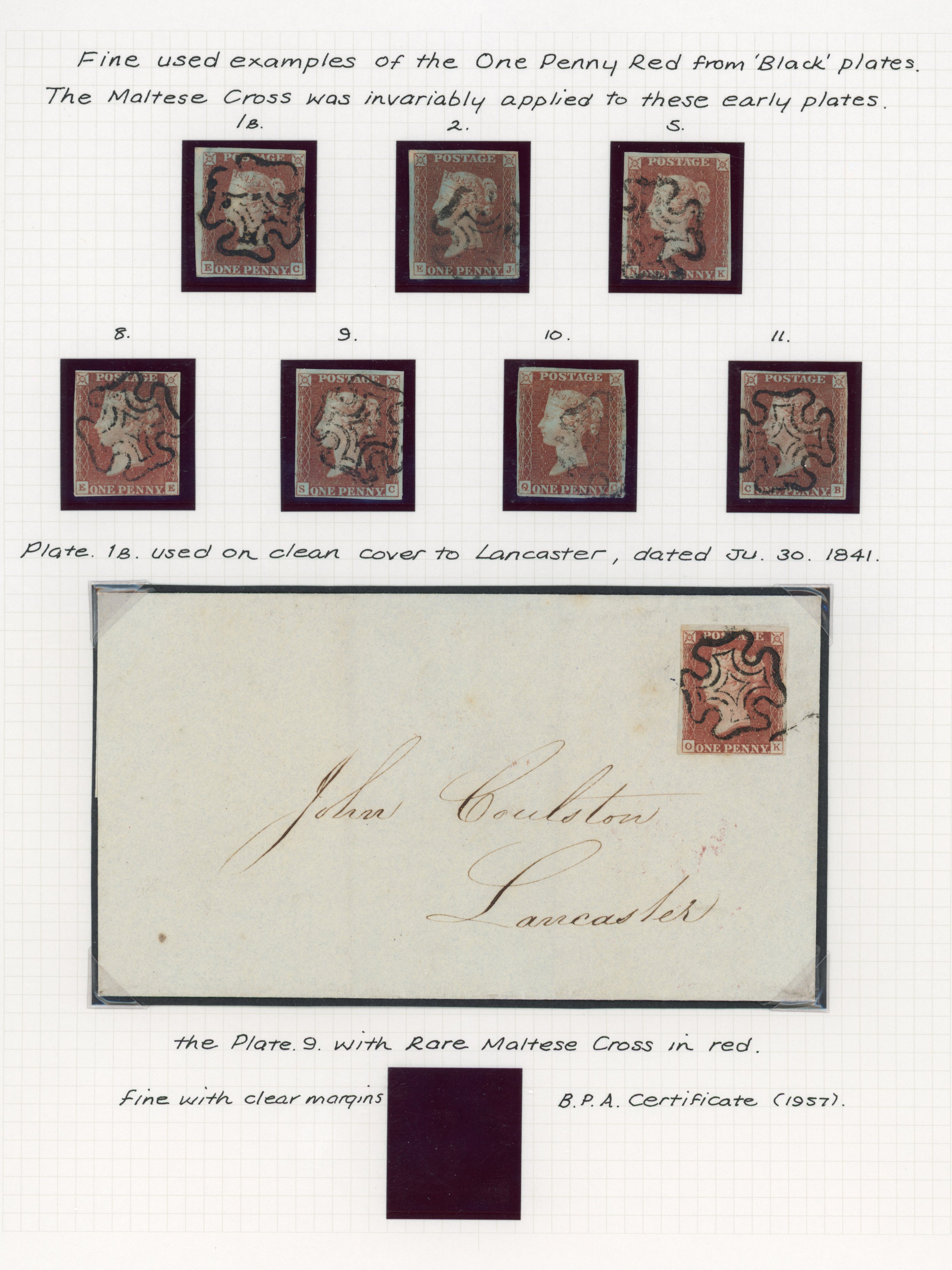 1841 1d Red-brown “Black Plates”. group of eight.