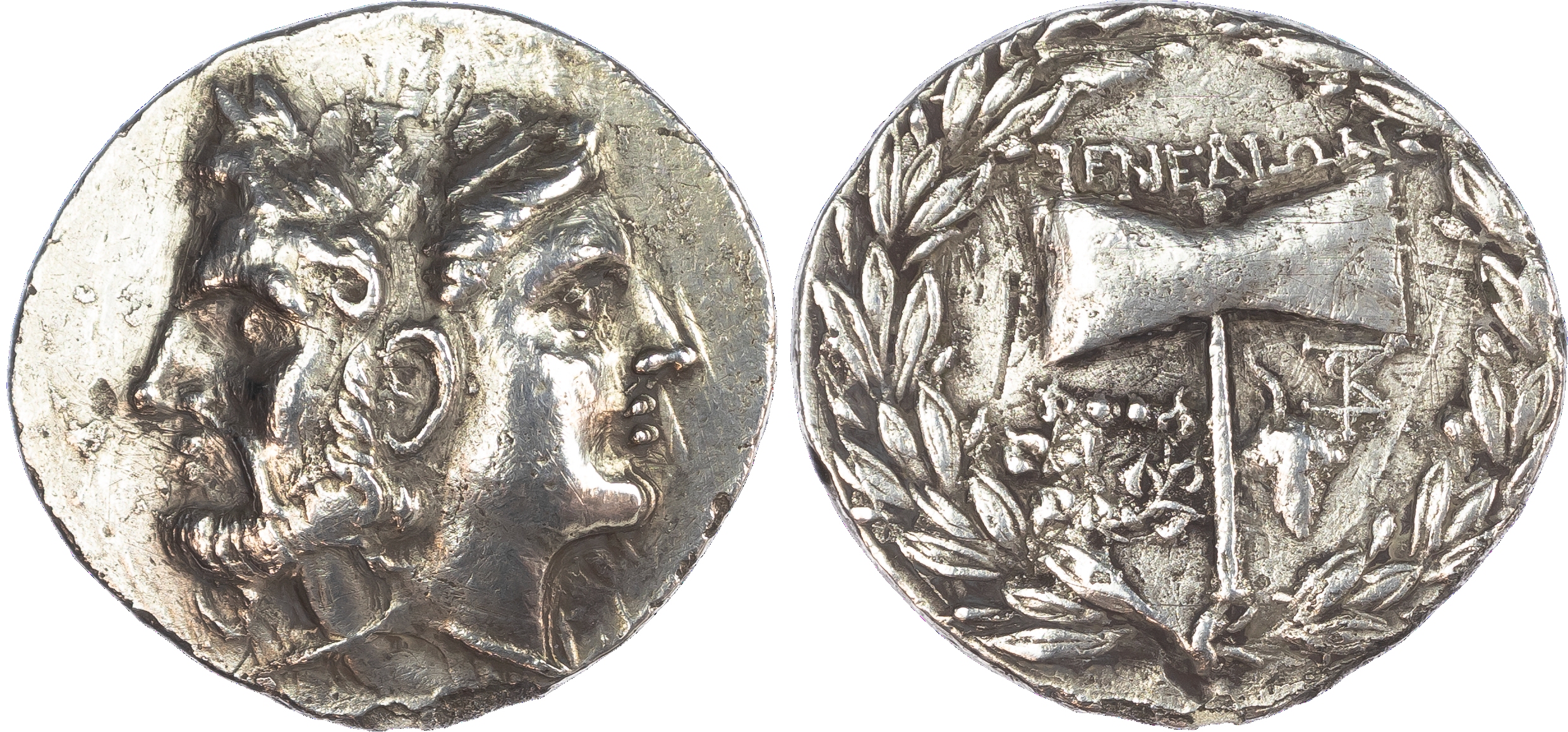 Islands off Troas, Tenedos (c. 100-70 BC) AR Tetradrachm, Stephanophoric type, 14.80g. Janiform heads of Zeus and Hera. Rev.