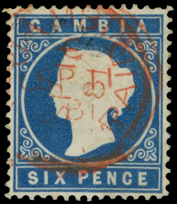 1881 6d blue double strike of Gambia/Paid cds...