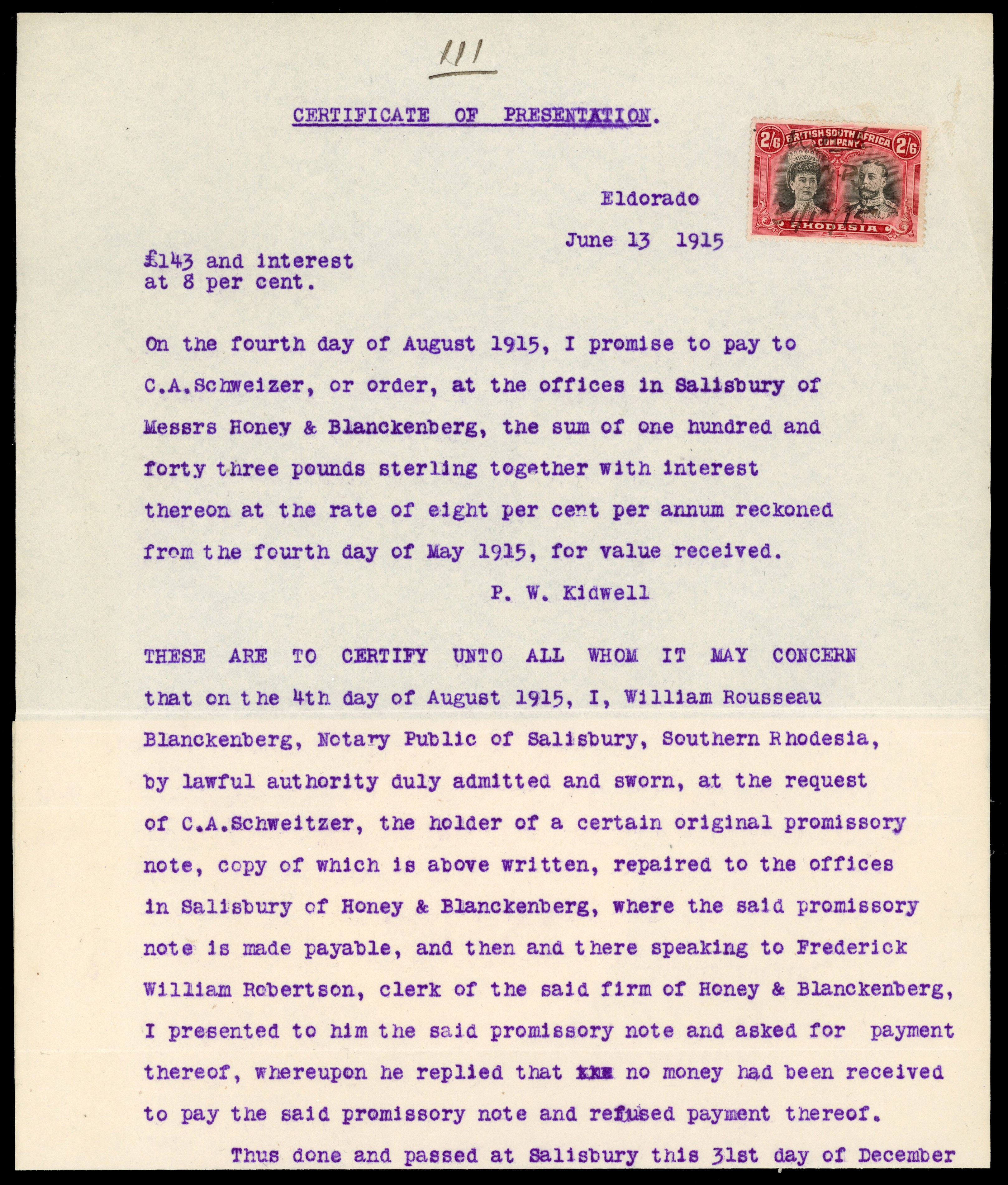 Rhodesia 1915 fiscal document with 2s6d