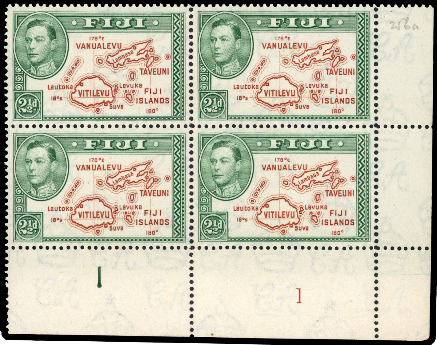 Fiji SG 256a 1942 2½d block with R10/5 extra island mint