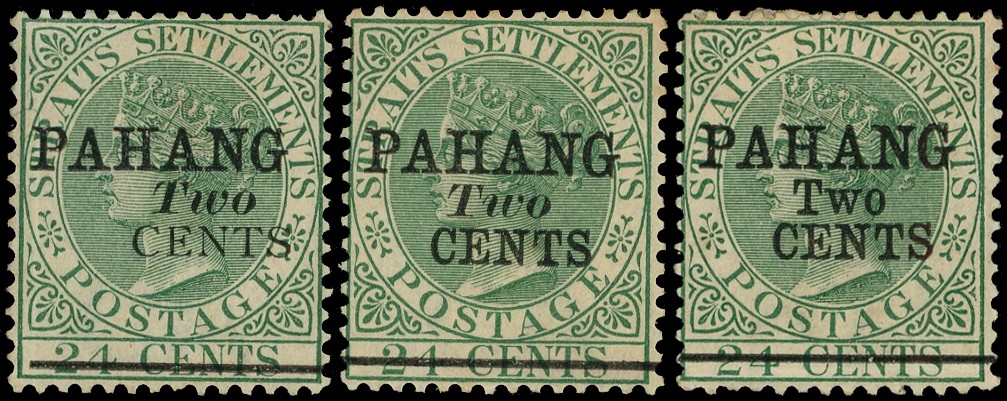 1891 2c on 24c green surcharged Types 5, 6 and 7, o.g. Type 5 (1560 issued) pink adhesion on reverse; Type 6 (312 issued)...