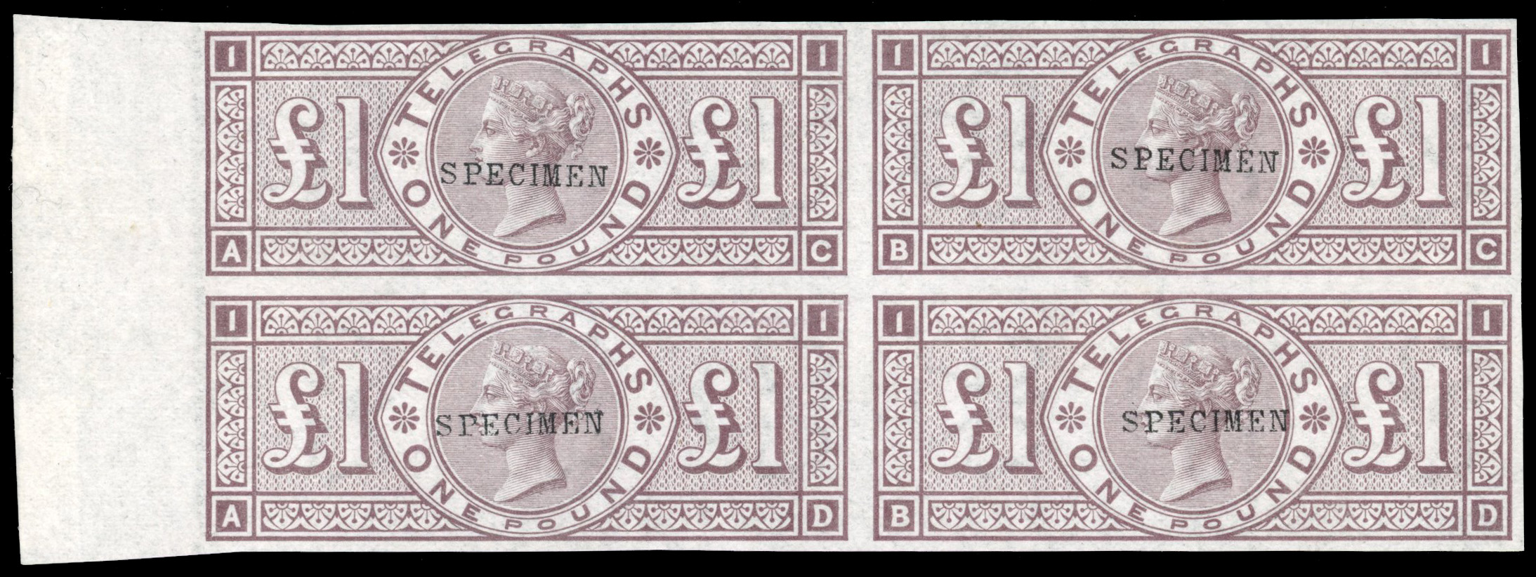 GB 1876-81 £1 brown-lilac Telegraph Plate 1 imperforate Specimen block