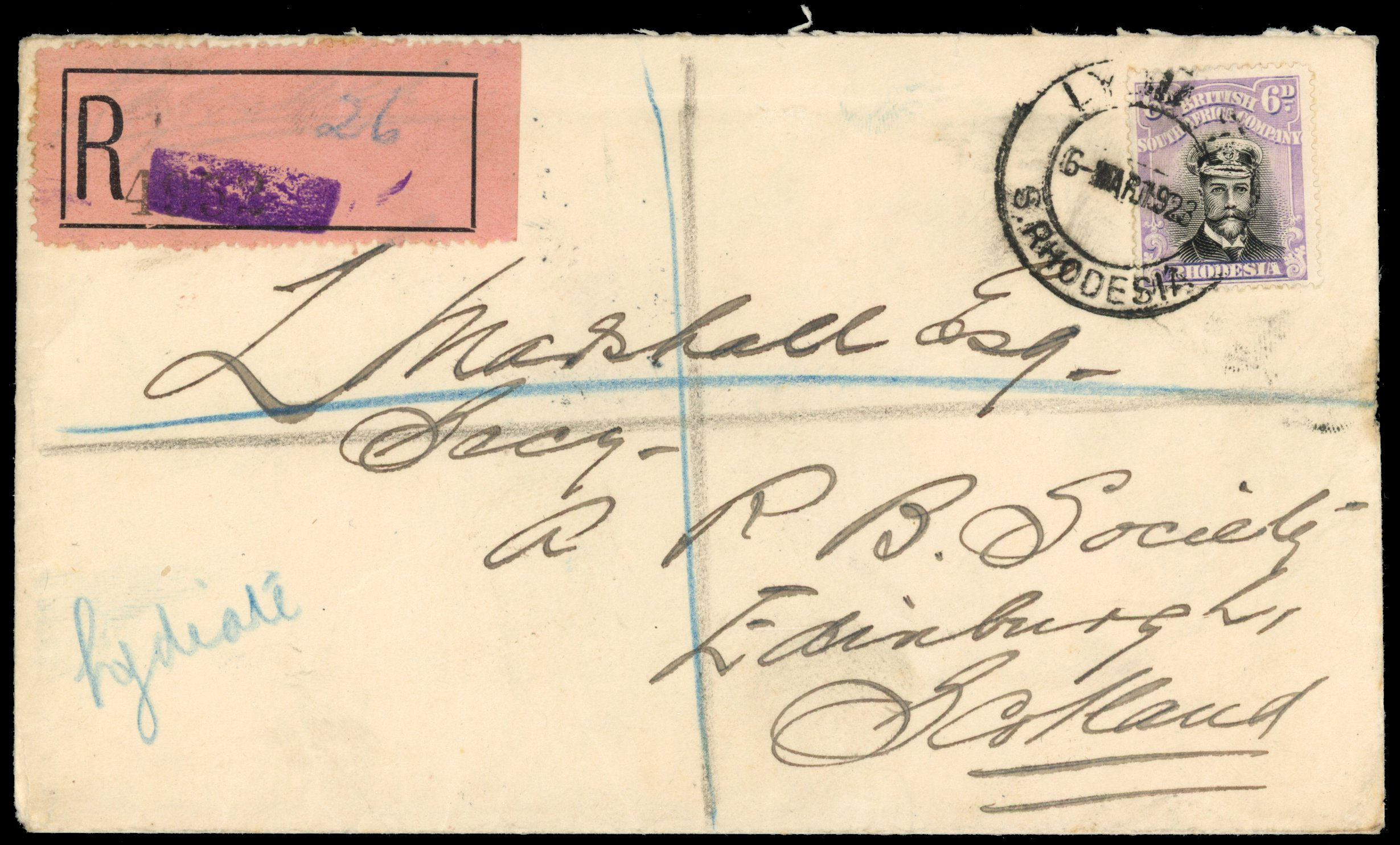 Rhodesia 1923 Admiral 6d on registered cover to Edinburgh