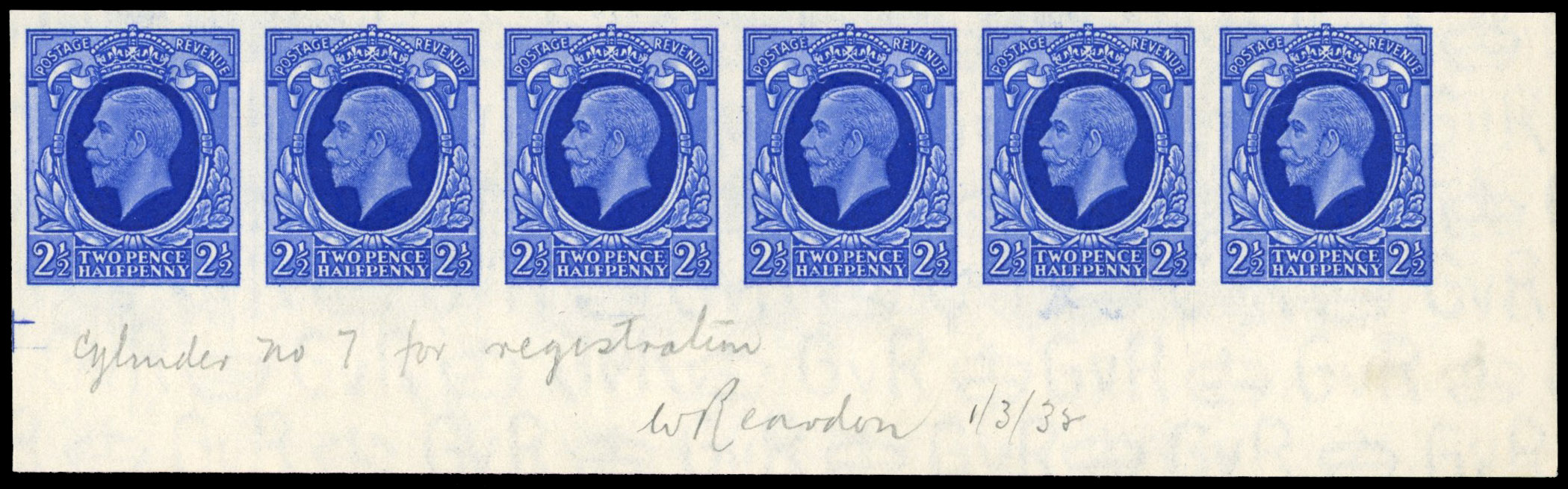 Great Britain 1934 2½d Bright blue, Horizontal Strip of Six, BPMA Imprimatur, SG 443