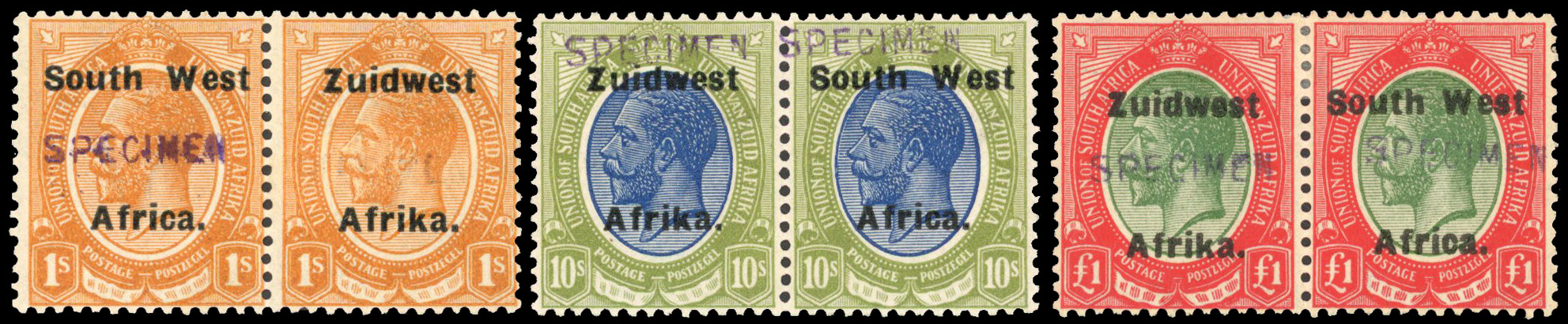 South West Africa 1923-26 1s, 10s, £1 h/s specimen