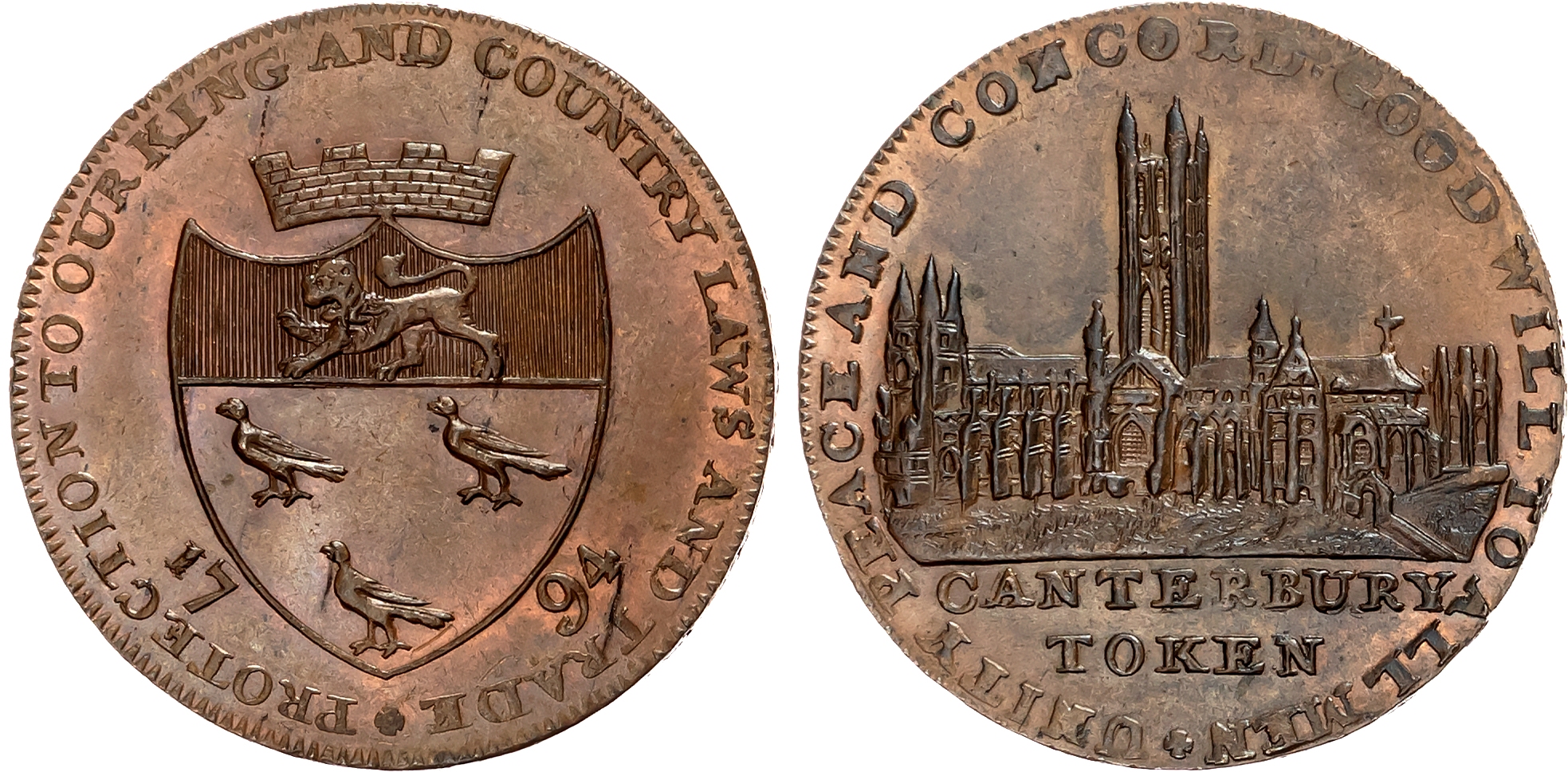 Kent, Canterbury, John Mathews (carpenter) Halfpenny 1794, View of cathedral, rev . City crest and arms, edge PAYABLE A …