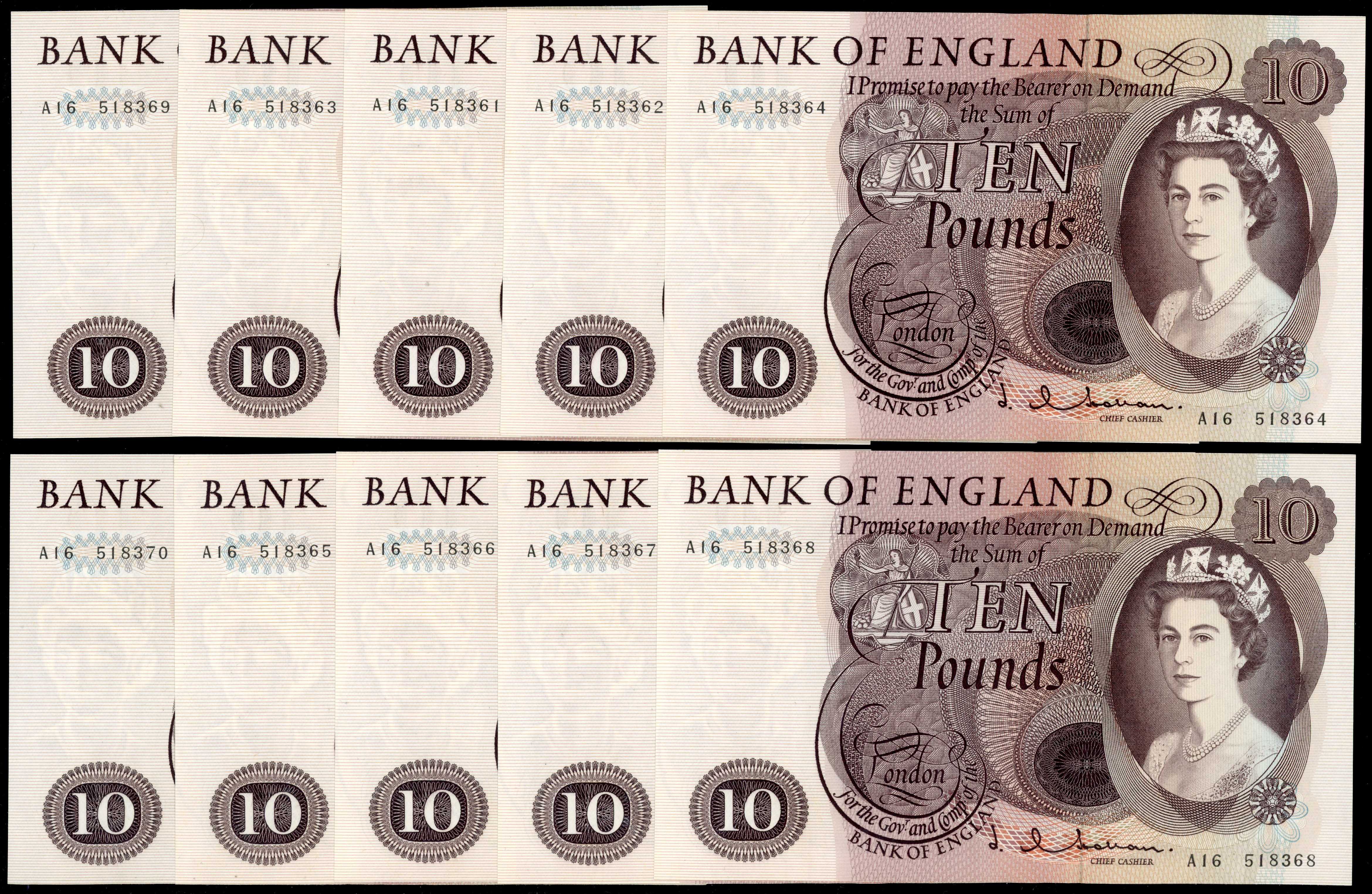 Bank of England, J Q Hollom, Ten Pounds, Feb. 1964, A16 518361 to 851370 (10 consecutive), (Dugg. B299), All a…