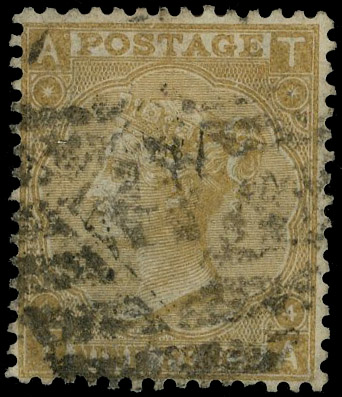 1865 9d Straw Pl.4 (Wmk. Emblems). Good used example lettered TA showing error of watermark W20a ‘Three roses and a sham…