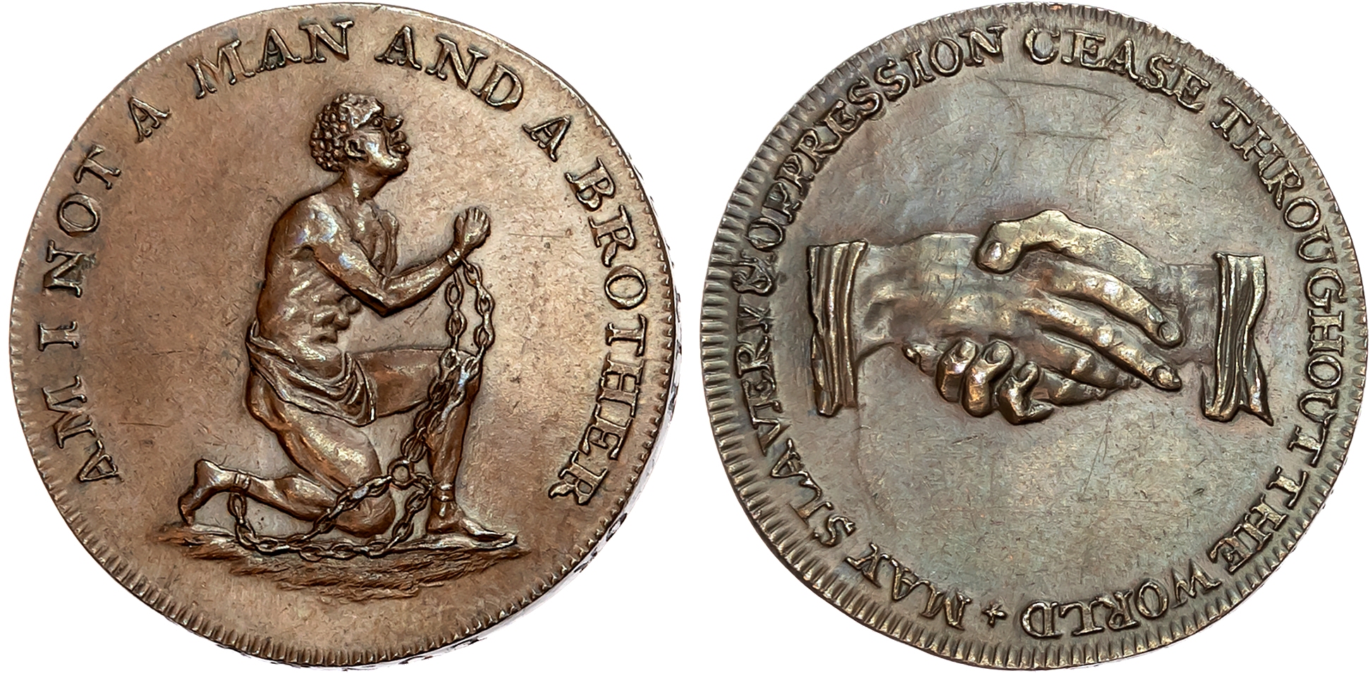 London,  Political Series , William Lutwyche for an Anti-Slavery Society Halfpenny undated, Shackled African slave kneel …