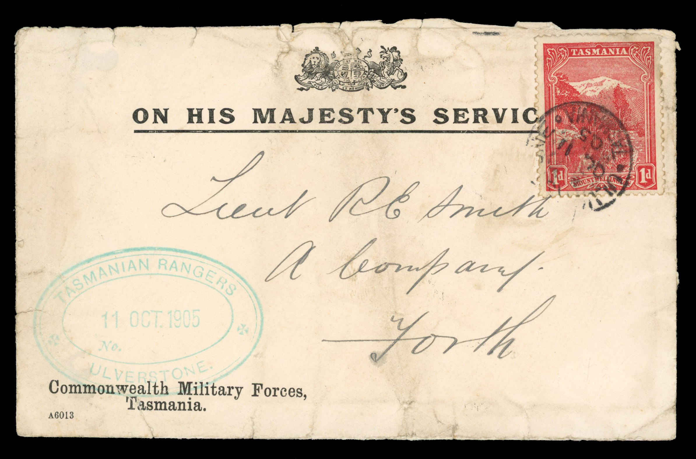 Tasmania 1905 official cover with ‘Commonwealth Military Forces,/ Tasmania’ imprint at lower left bearing 1d rose-red