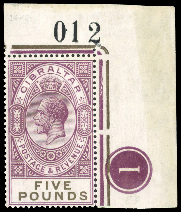 Gibraltar 1925-32 £5 plate number example