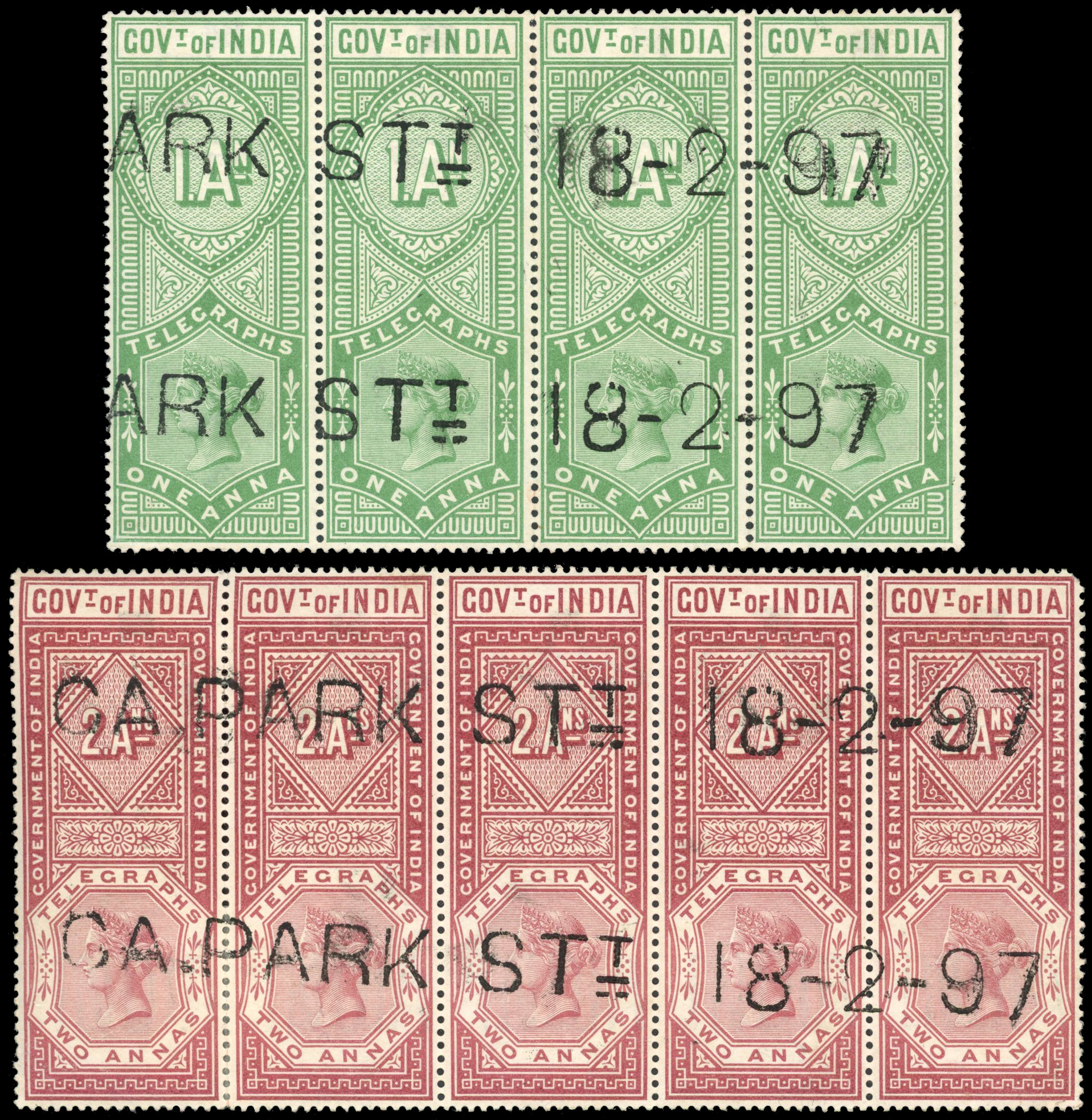 India Telegraph SG T42-3 1a and 2a strips used