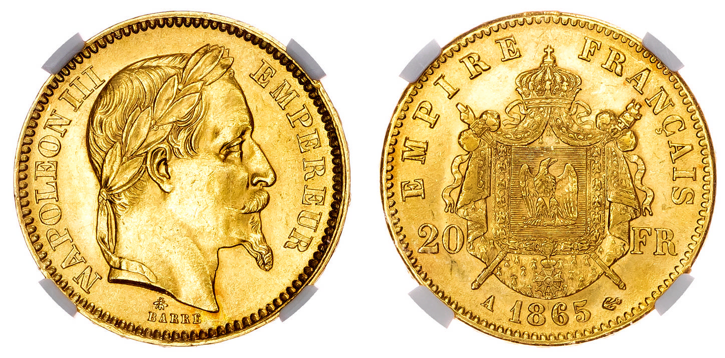 France, Napoleon III (1852-1870), gold 20 Francs, 1865 - MS 63