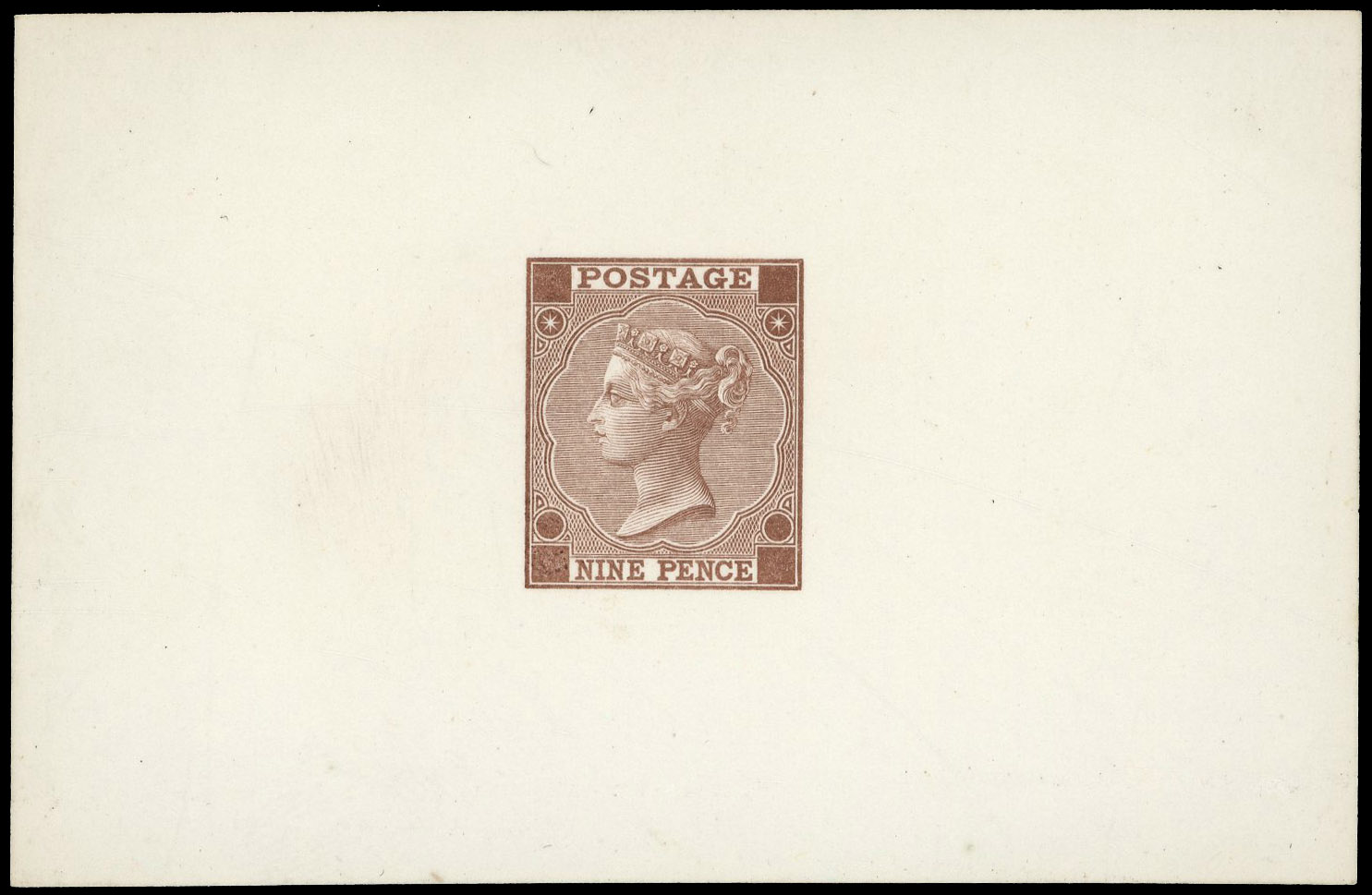 1870 9d Die proof. Very fine example printed in brown on white matt card (92x60mm) with void corner letters and plate nu…