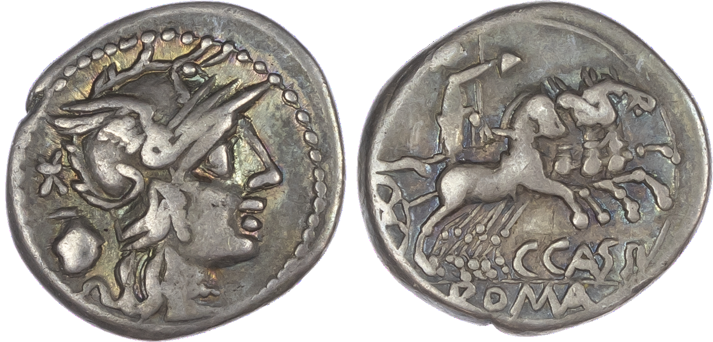 C. Cassius (126 BC) AR Denarius, Rome, 3.86g. Helmeted head of Roma facing right, voting urn behind. Rev. Libertas, holding