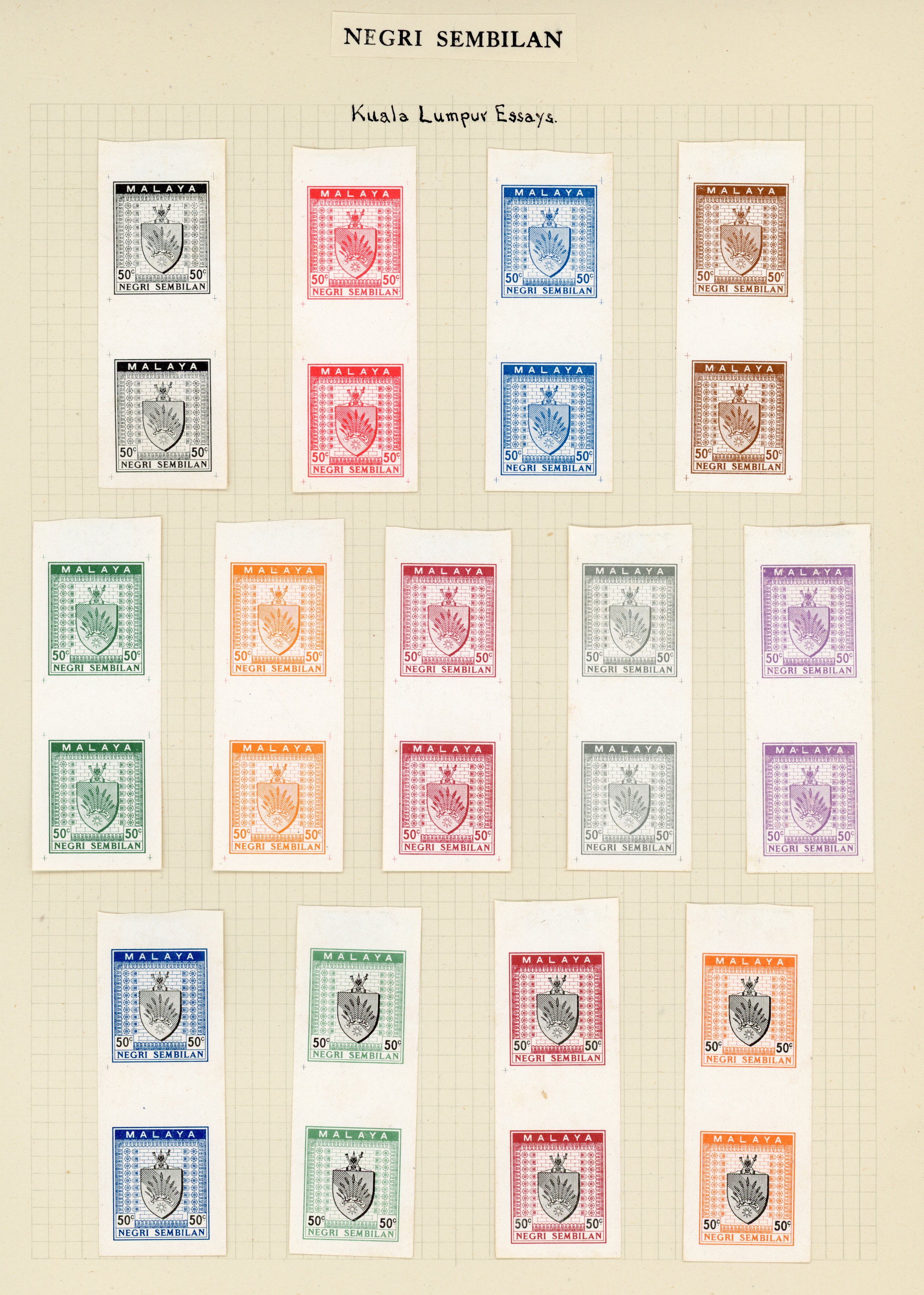 1933-34 Survey Department 50c Coat-of-Arms with closed sheaves of rice essays thirteen in different colours or combinations
