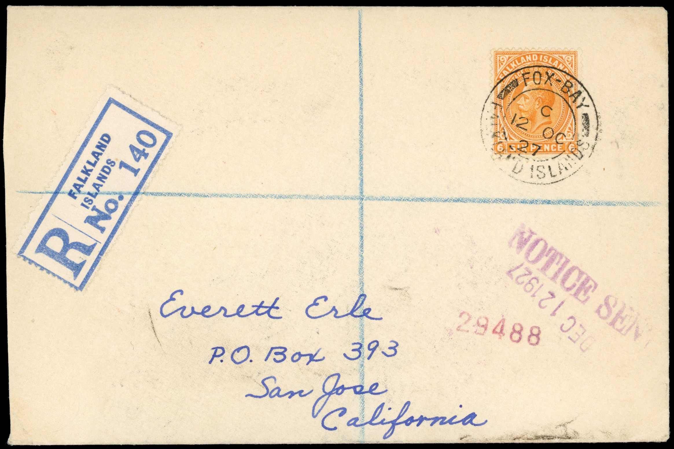 Falkland Islands 1927 registered 6d cover to USA, Fox Bay cds