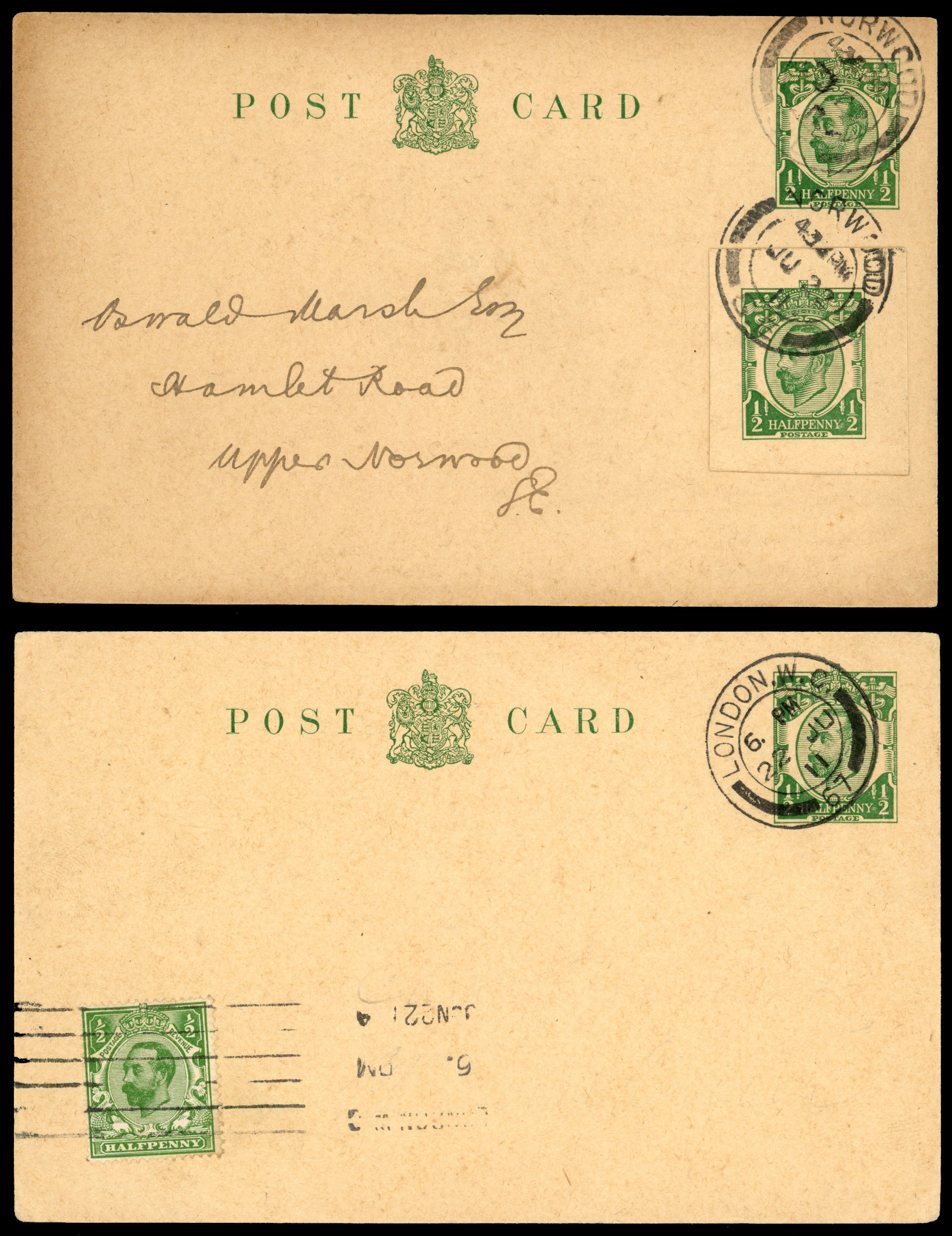 1911 ½d Green Postcards. Fine pair of uprated postcards both sent locally within London