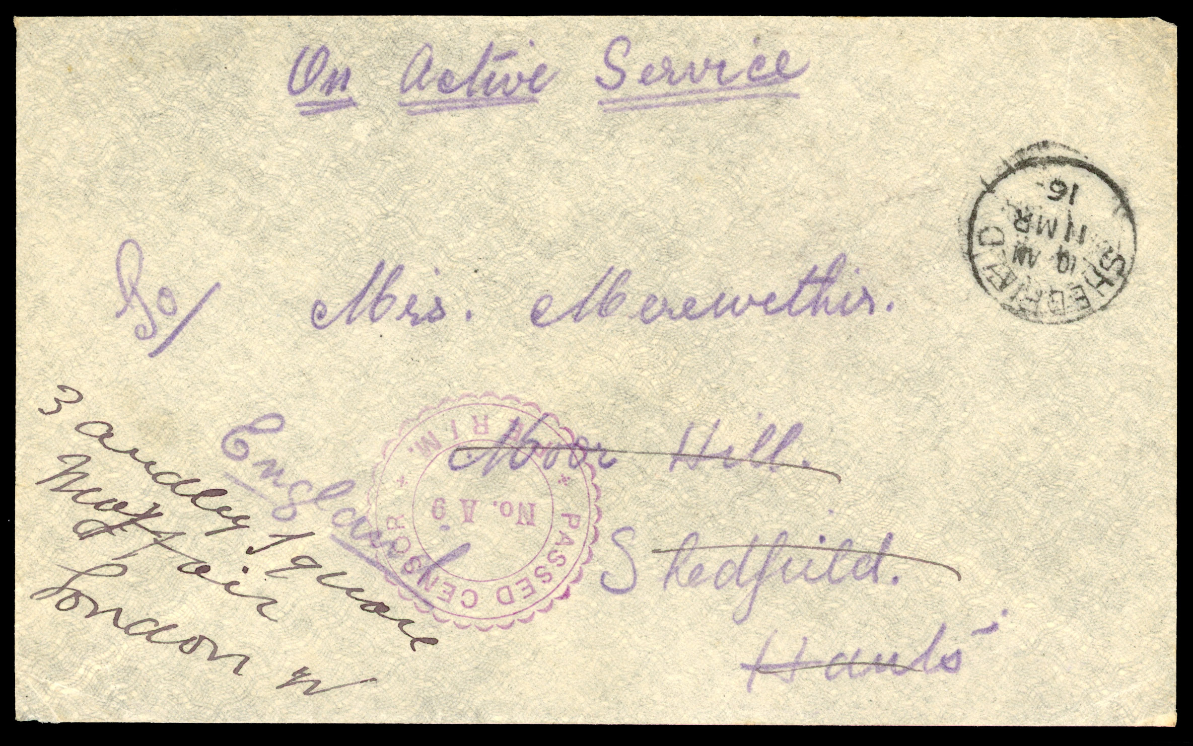ADEN: 1916 On Active Service stampless censored envelope to England with violet “PASSED CENSOR/PERIM/No.A9