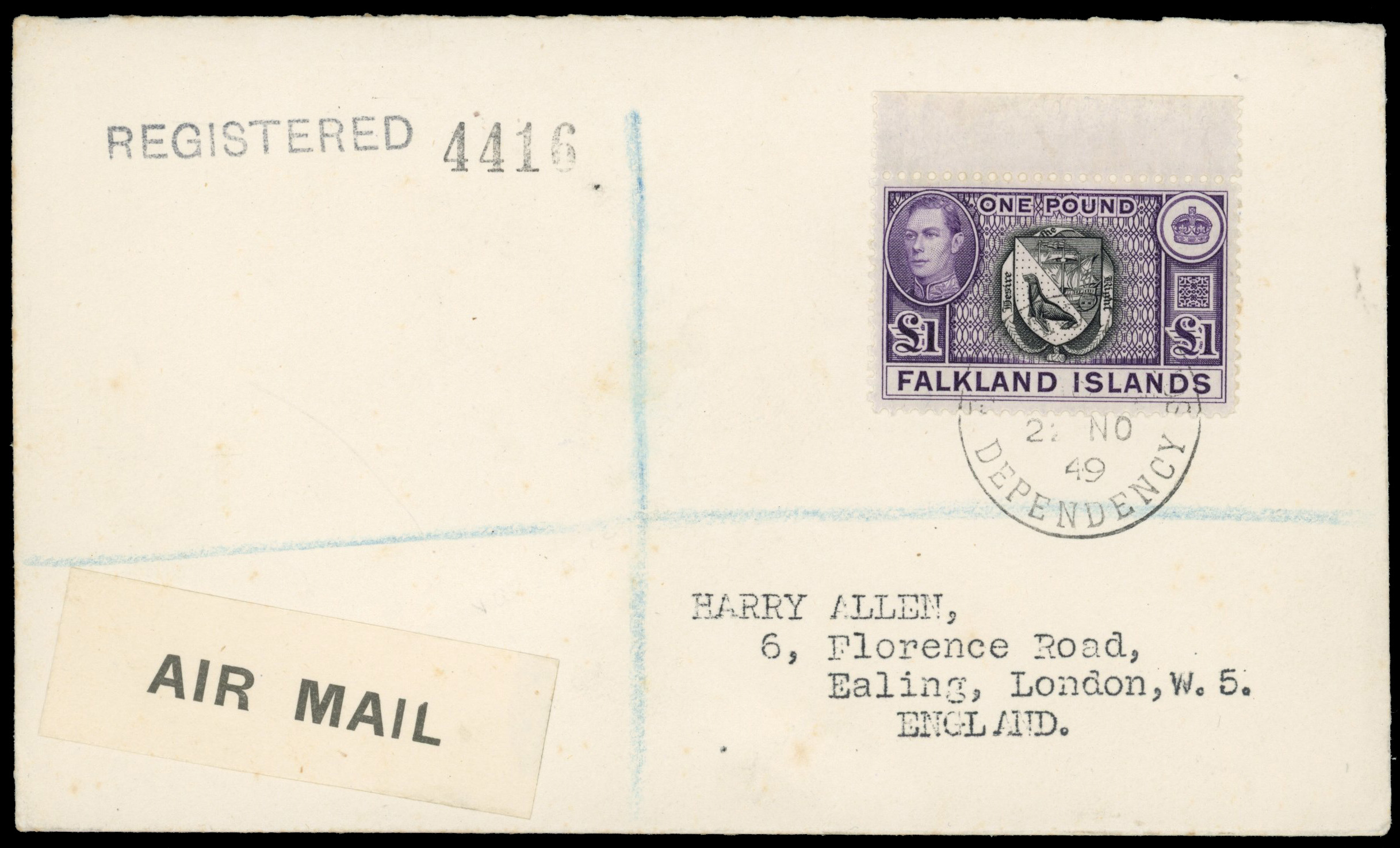Falkland Island Dependencies South Shetlands 1949 £1 registered cover