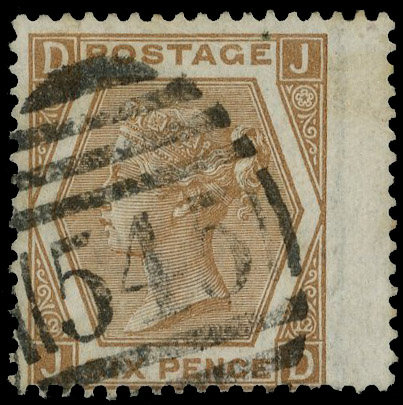 1872 6d Pale chestnut Pl.12. Very fine used right hand wing margin example of this scarce ‘abnormal’ issue lettered JD, …