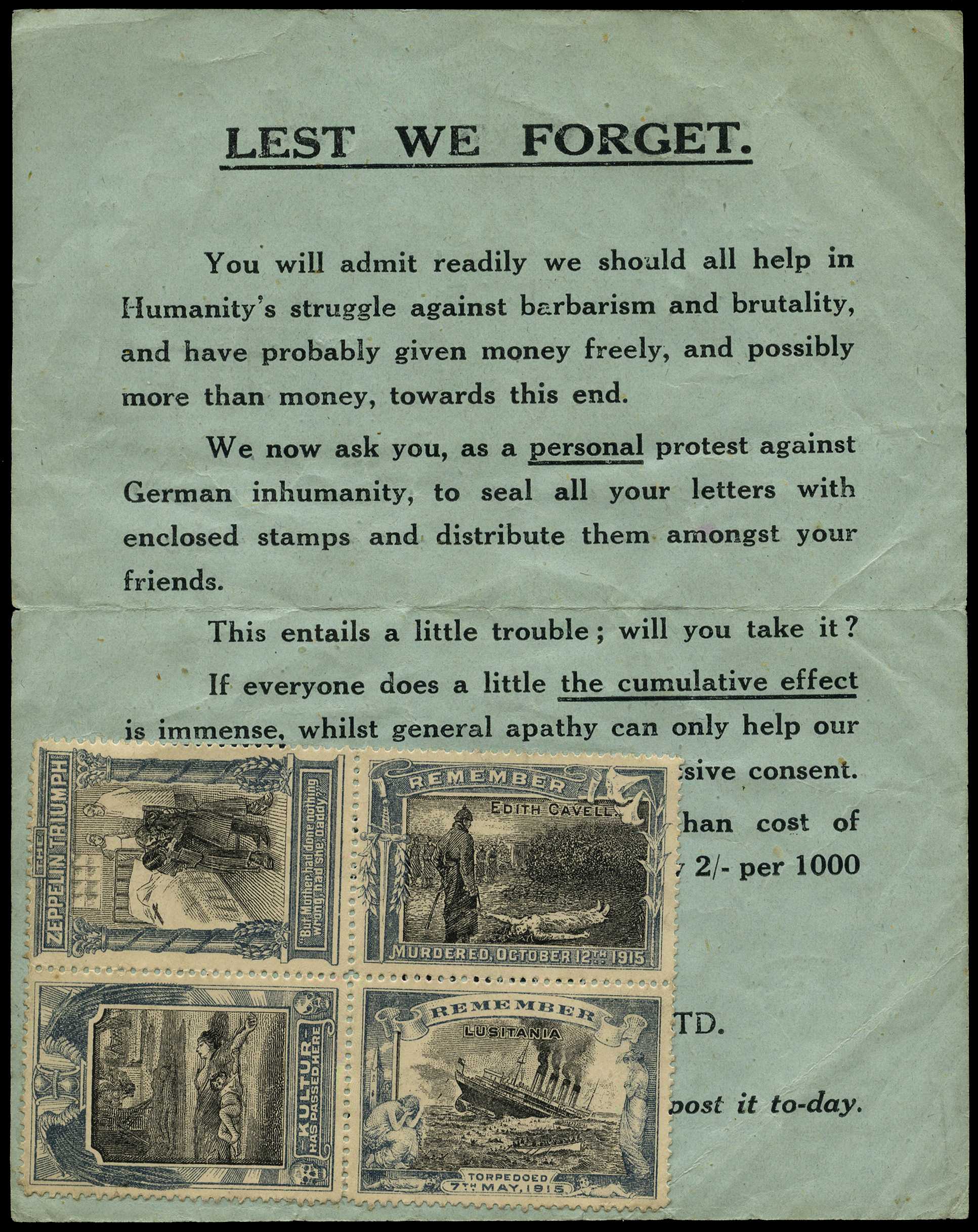 Ephemera: Winox War stamps attached to 'LEST...