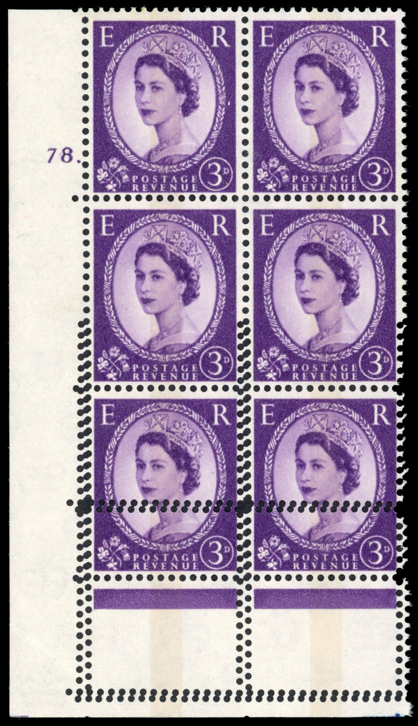 GB: 1966 Crowns, 3d deep lilac, centre band, violet phosphor, mint cylinder block ‘DOUBLE PERFORATION' 