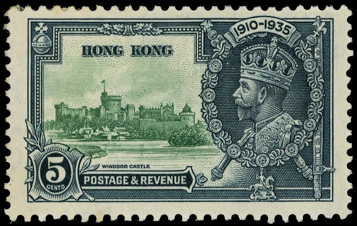 1935 5c green and indigo Silver Jubilee, with lightning conductor variety, plate 3, R.2/5, large part o.g. SG 134c