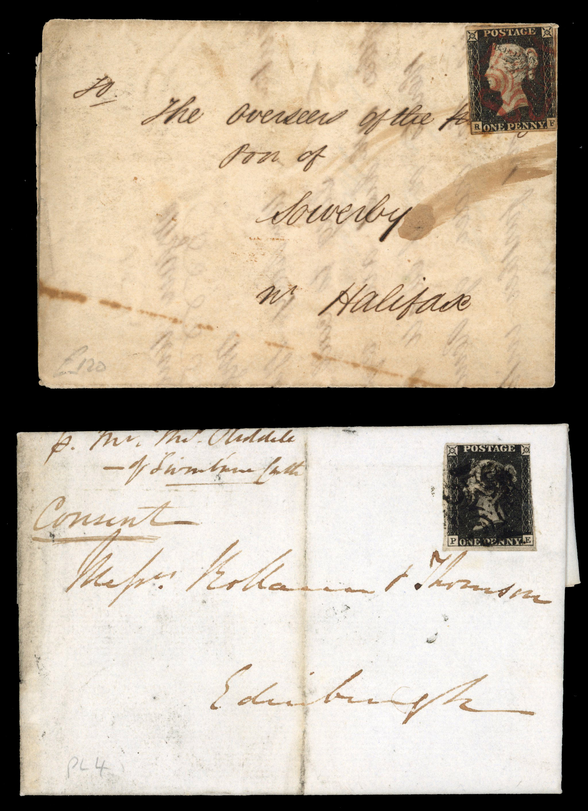 1840 1d black unplated selection consisting of thirty (one pair) stamps on twenty-nine entires/entire letters, cancelled