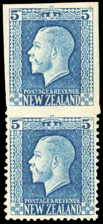 New Zealand SG 424aa 1915-30 5d light blue pair error imperf mint