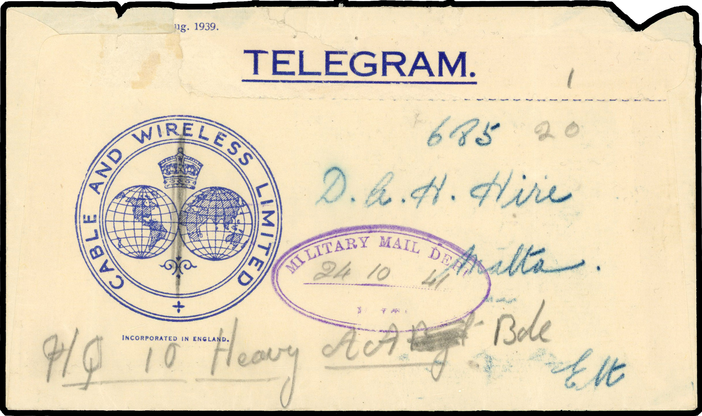 1941 Cable and Wireless Telegram envelope to D.A.H. Hire, Malta, forwarded in manuscript to ‘HQ Heavy Art