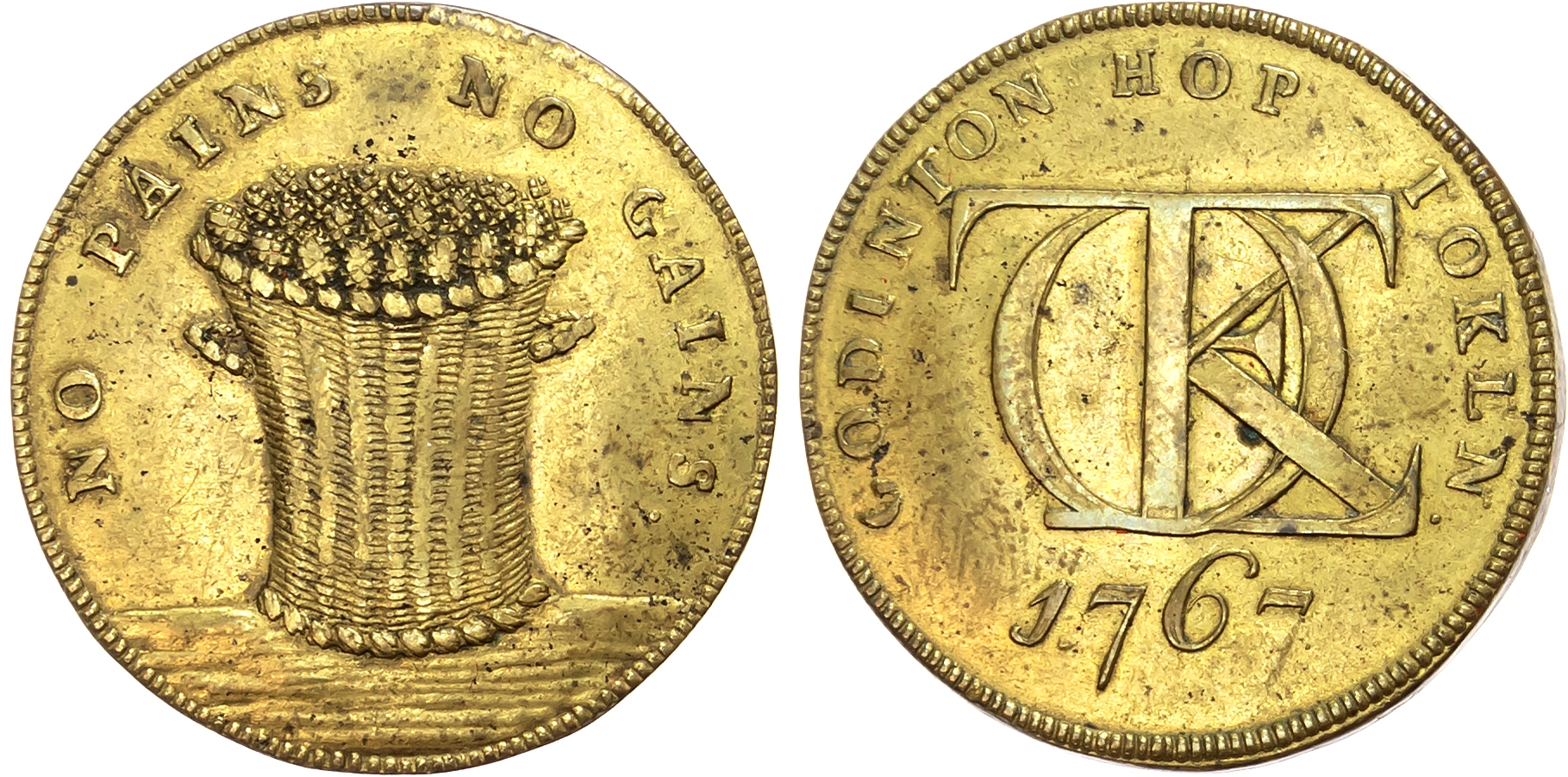 Kent. Godington (Bromley) , John Toke (hop-farmer) brass token 1767, TOKE cypher, rev. Bushel basket of hops, edge plain …