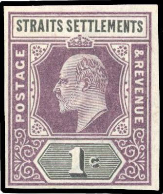 Straits Settlements 1901 KEVII 1c imperf colour trial in dull purple and olive-black