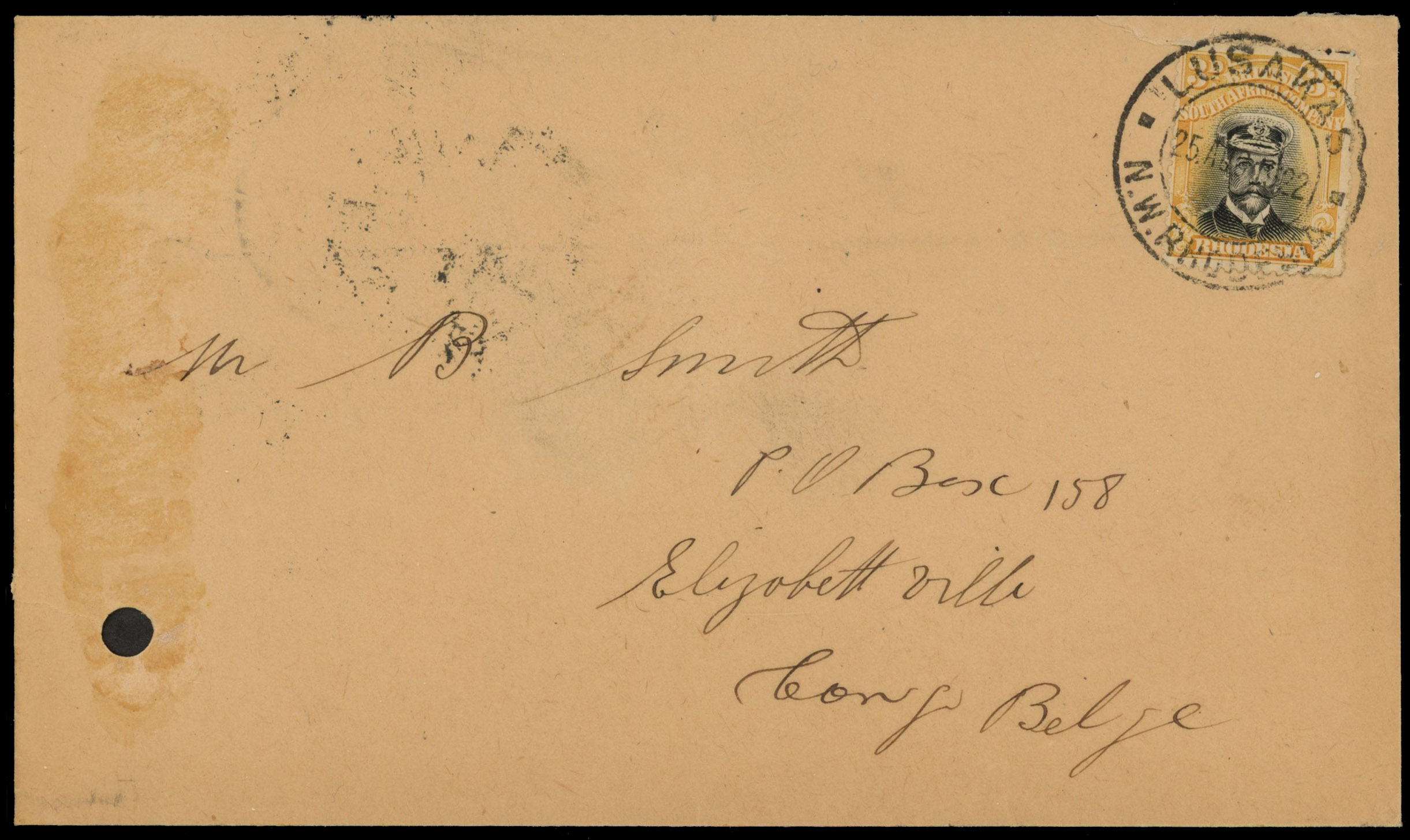 Rhodesia 3d Admiral on 1922 cover to Belgian Congo