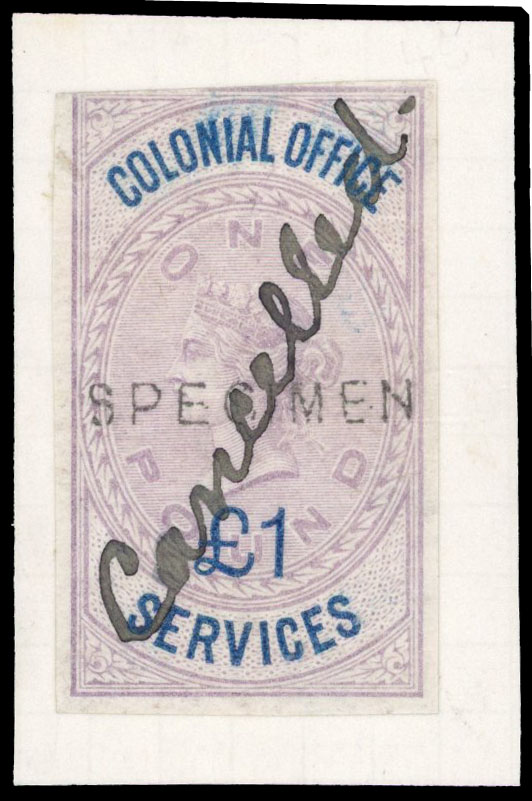 Colonial Office Services: c.1900 £1 lilac, imperforate, handstamped ‘SPECIMEN’ type 10.